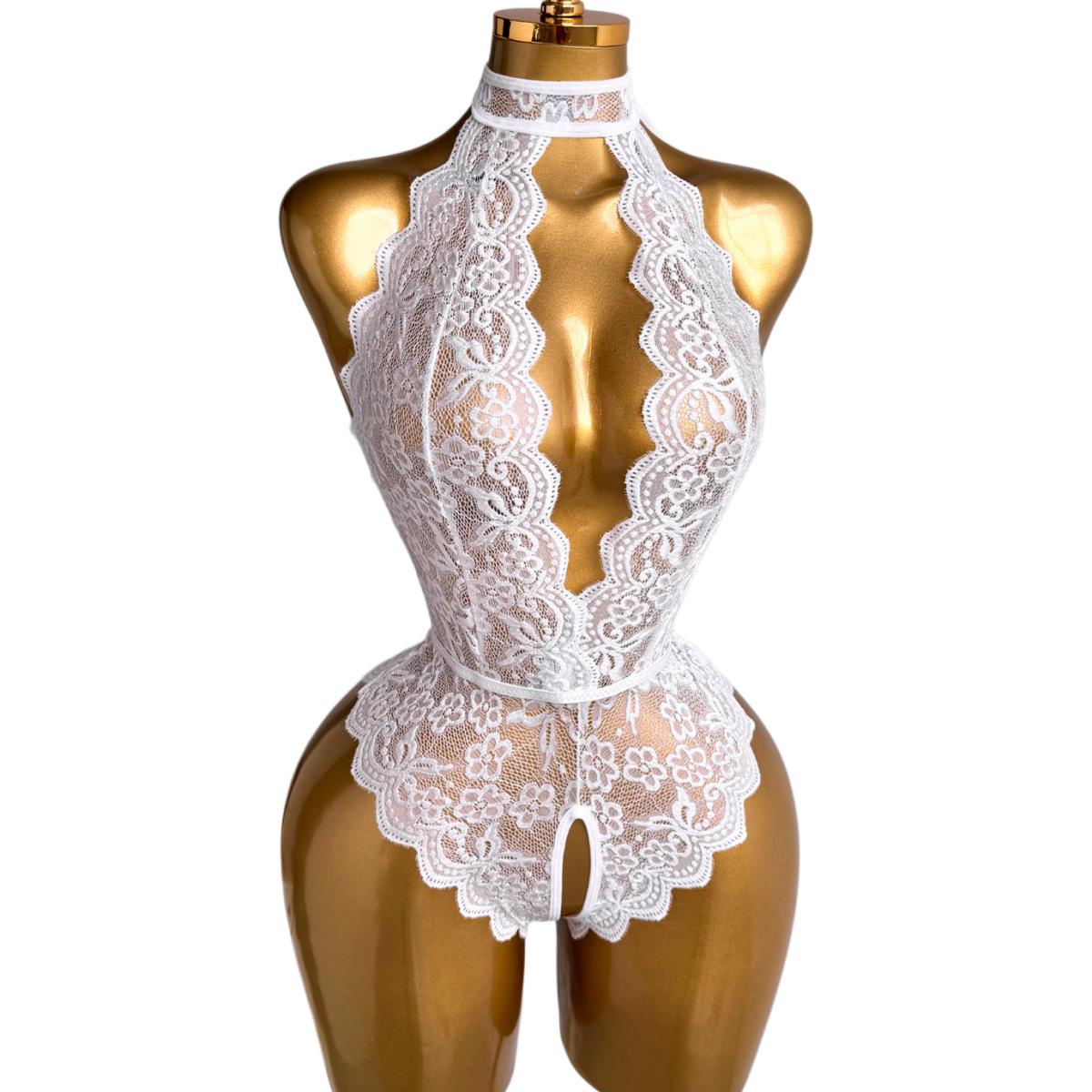 Lace Teddy Lingerie - Lingerie Feminina Branca com Decote Halter