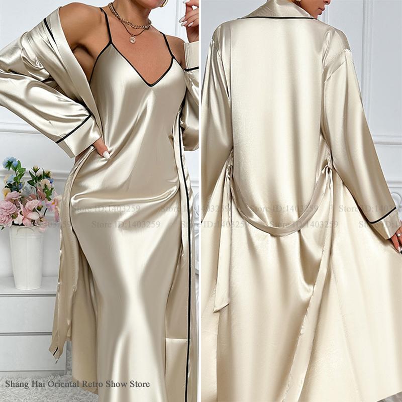 Robe Silk Women - Sexy longo twinset robe conjunto chemise